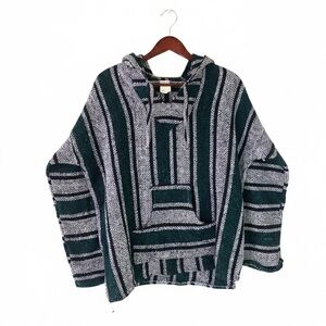 Vintage Mexican Baja Hoodie Unisex Green White Striped Boho Jerga Medium
